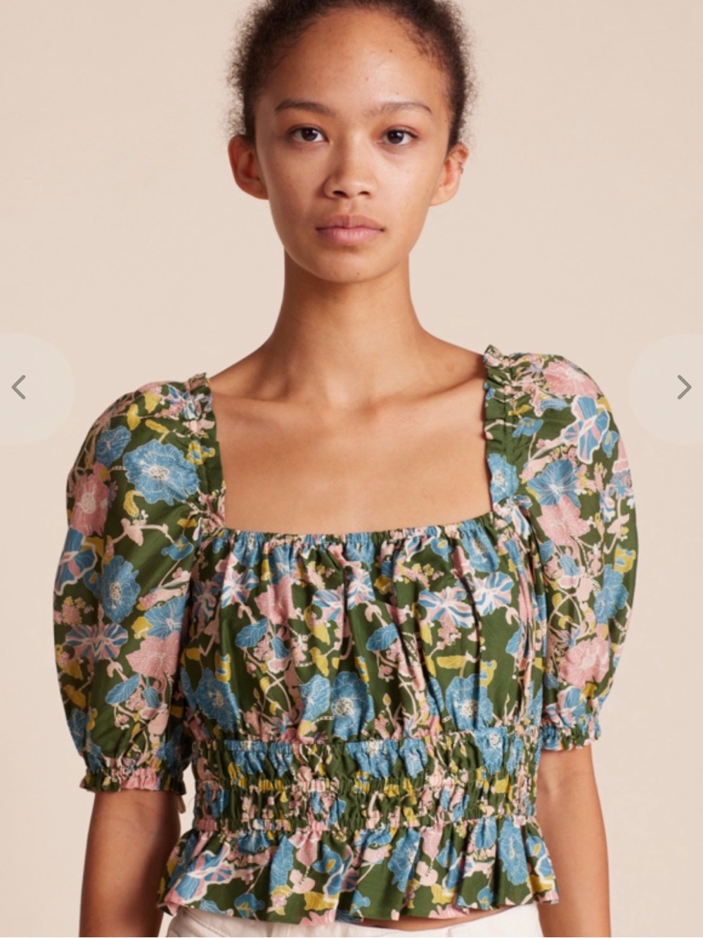 Trovata Drew Blouse Spring Tendril - Olive Floral Square-Neck Puff Sleeve Top